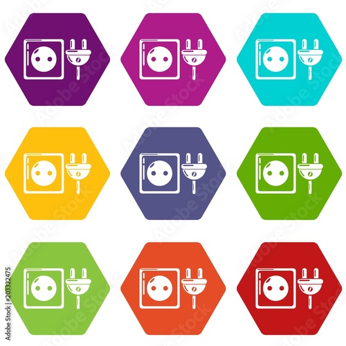 Electric outlet icons 9 set coloful isolated on white for web