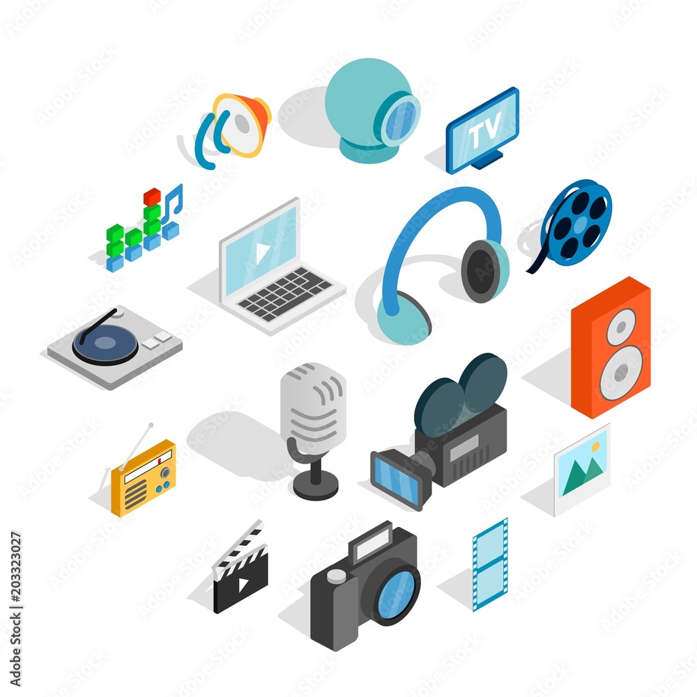 Isometric media icons set. Universal media icons to use for web and mobile UI, set of basic media elements isolated vector illustration Isometric media icons set. Universal media icons to use for web and mobile UI, set of basic media elements isolated vector illustration