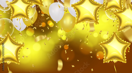 Birthday card with balloons and bunting flags. Vector Abstract Glow Background Gold shiny flying confetti