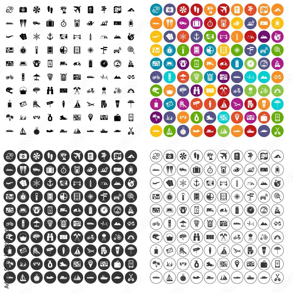 100 travel icons set vector in 4 variant for any web design isolated on white