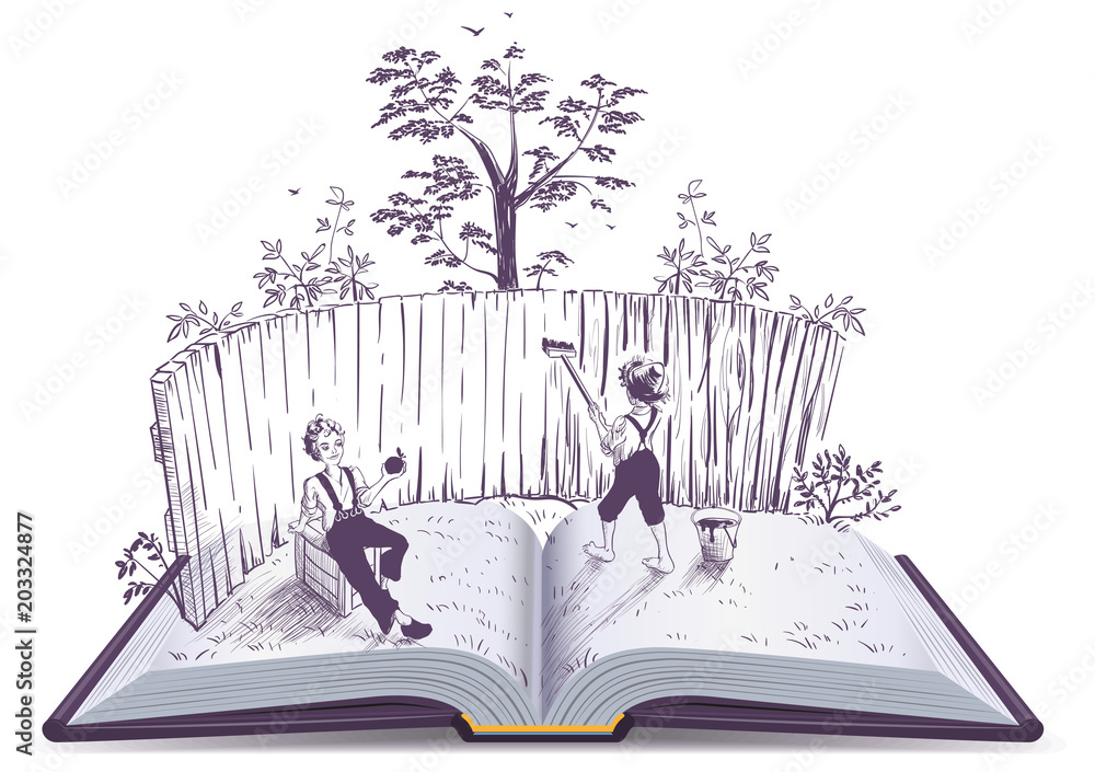 Naklejka premium Tom Sawyer paints fence open book illustration