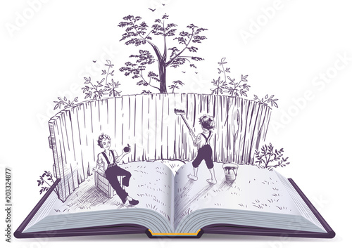 Tom Sawyer paints fence open book illustration