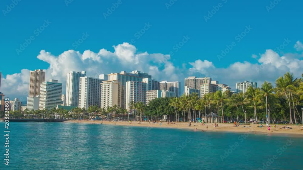 4K Cinematic urban time lapse in motion dynamic video view of the beach and hotels in Honolulu Hawaii with dramatic clouds in the background 4K Cinematic urban time lapse in motion dynamic video view of the beach and hotels in Honolulu Hawaii with dramatic clouds in the background