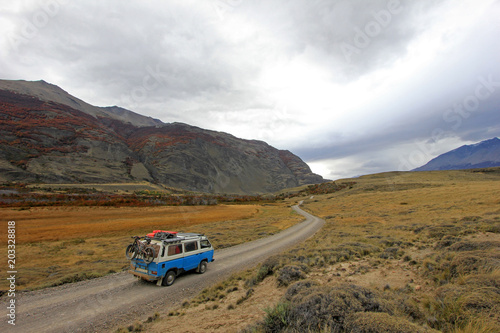 Old german vintage campervan beautiful landscape near Paso Roballos, Argentina and Chile, South America