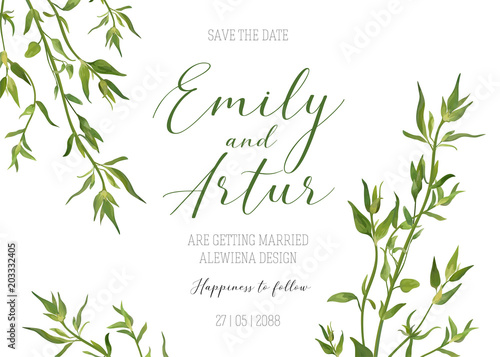 Wedding floral invitation  invite  save the date template. Vector modern elegant card design with natural  watercolor botanical green thyme greenery herbs minimalistic border  frame. Eco  rustic style