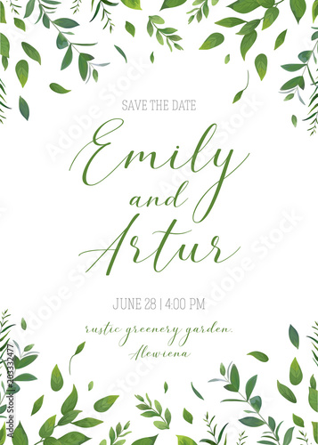 Wedding floral greenery invitation, invite, save the date card vector design. Rustic natural modern style hand drawn watercolor botanical falling green leaves, forest tree branches, herbs frame border