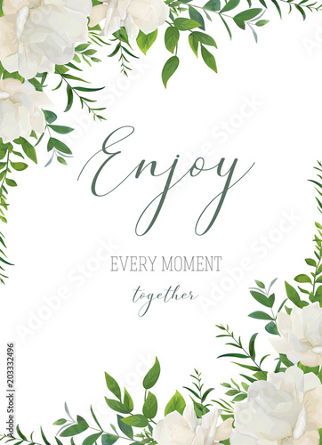 Vector watercolor floral greeting, wedding invite, save the date card design. White garden peony rose flowers, greenery leaves, eucalyptus branches, forest herbs decoration. Elegan, romantic template