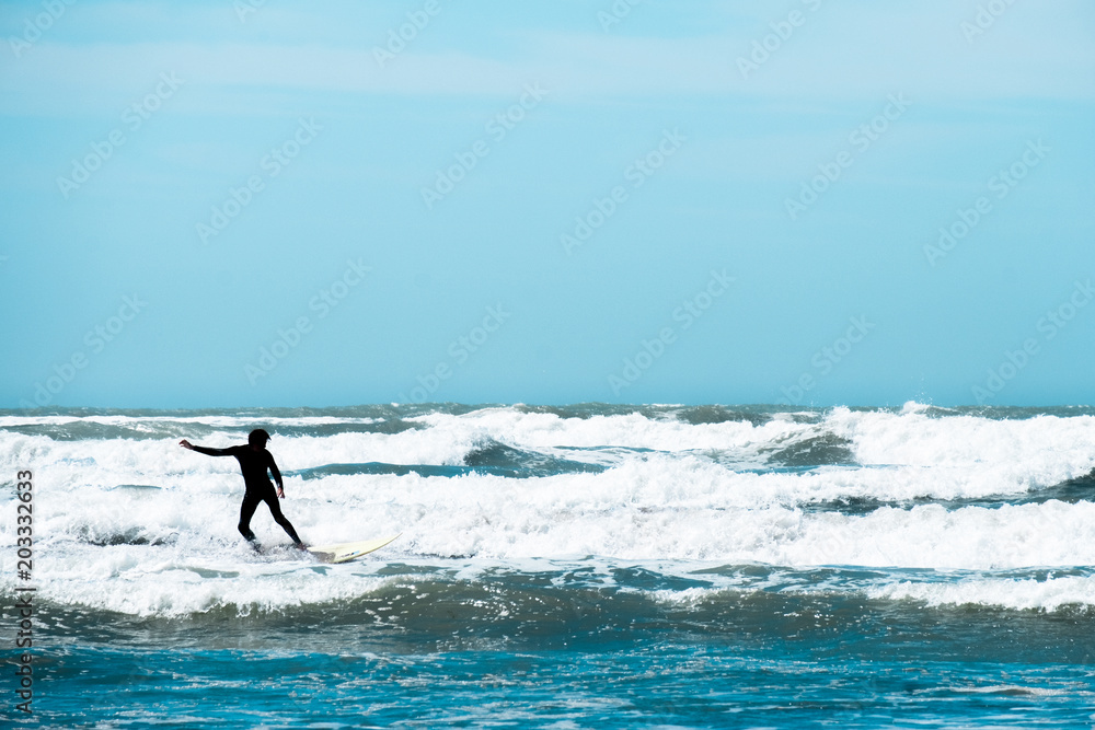 People enjoy their activities at the beautiful beach on a sunny blue sky day.