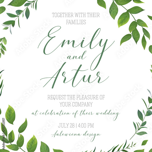Wedding floral greenery invitation, invite, save the date card vector art tem...