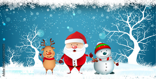 Smiling snowman and Santa Clause, High detailed vector illustration ,Happy Merry Christmas and happy new year companions. snowy and snow man on night background