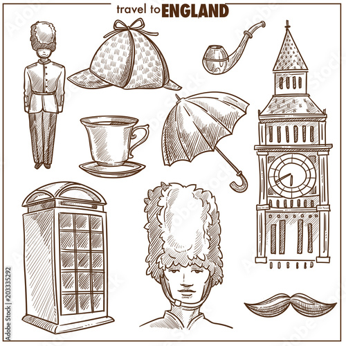 England travel tourism vector sketch symbols