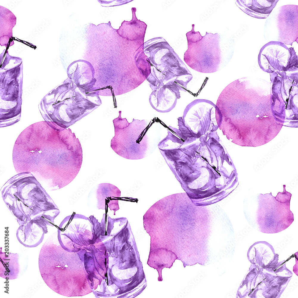 Obraz Bezszwowy akwarela wzór z napojem, koktajl z cytryną, lód, mojito, smoothies. Cytryna owocowa, liść mięty. różowy, fioletowy, monochromatyczny wzór, plusk abstrakcyjnych plam.