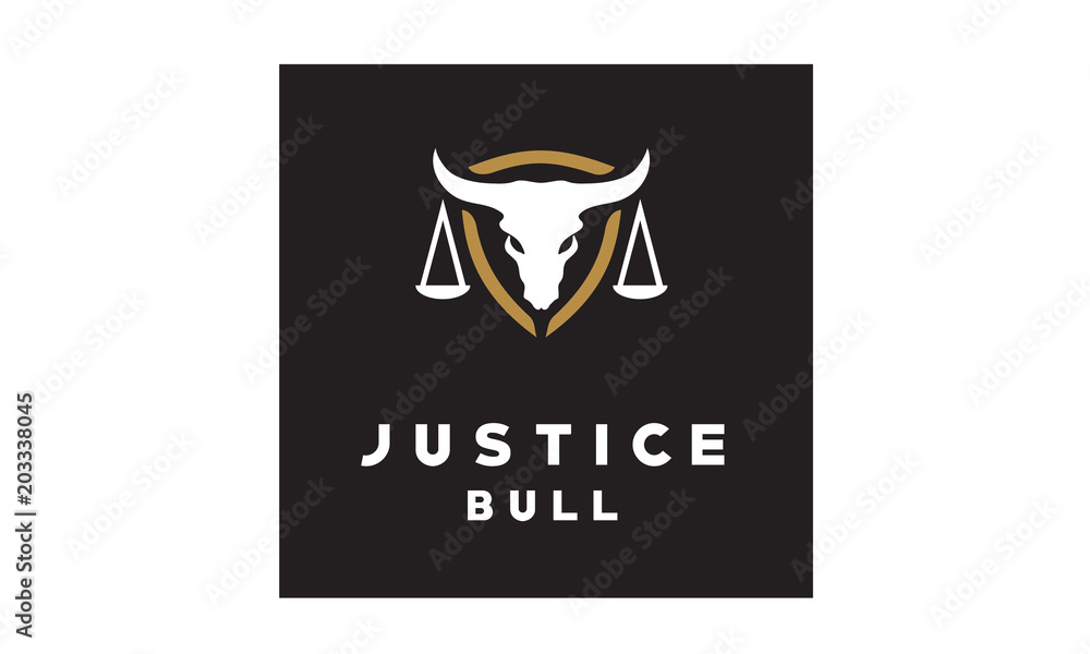 Skeleton Bull Buffalo Longhorn Shield silhouette and Justice Scales Law Court Lawyer Legal logo design 