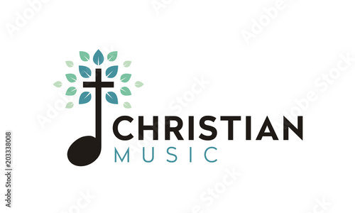 Gospel Music Choir Church with Leaf Nature Christian Catholic Cross logo design