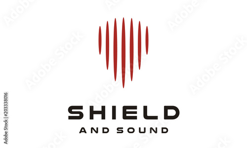 Shield, Guitar Pick, and Digital Audio Bar Wave Equalizer Lines logo design 