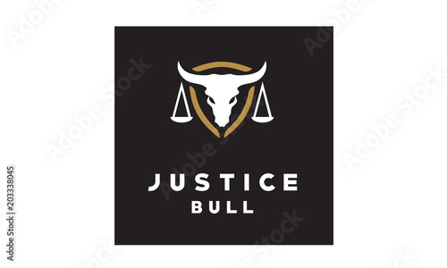 Skeleton Bull Buffalo Longhorn Shield silhouette and Justice Scales Law Court Lawyer Legal logo design 