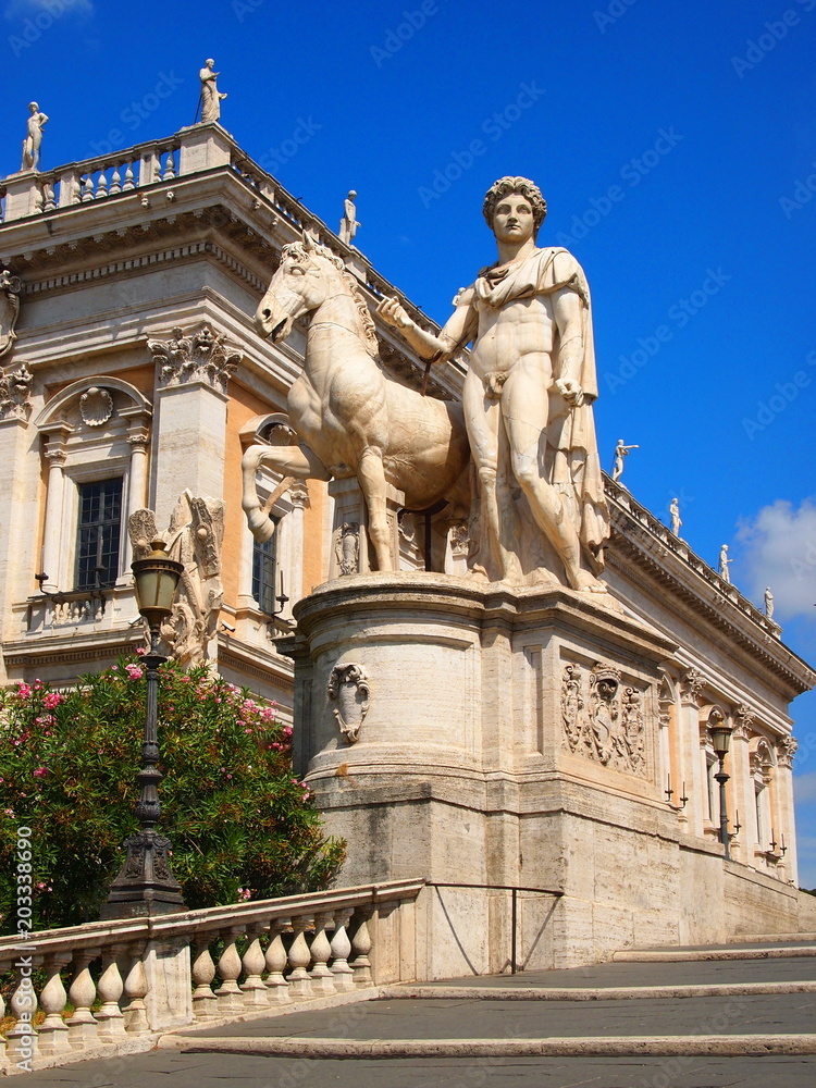 Capitolium Hill, marble statues of the Dioscuri in Rome, Italy.