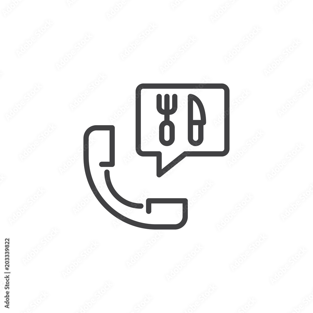 Food ordering phone outline icon. linear style sign for mobile concept and web design. Handset food delivery speech simple line vector icon. Symbol, logo illustration. Pixel perfect vector graphics Food ordering phone outline icon. linear style sign for mobile concept and web design. Handset food delivery speech simple line vector icon. Symbol, logo illustration. Pixel perfect vector graphics