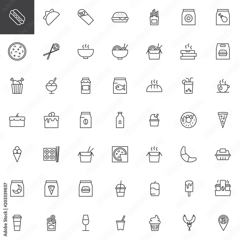 Take away food outline icons set. linear style symbols collection, line signs pack. vector graphics. Set includes icons as Hot dog, Taco, Shawarma, Burger, French fries, Pizza, Sushi, Soup, Noodles