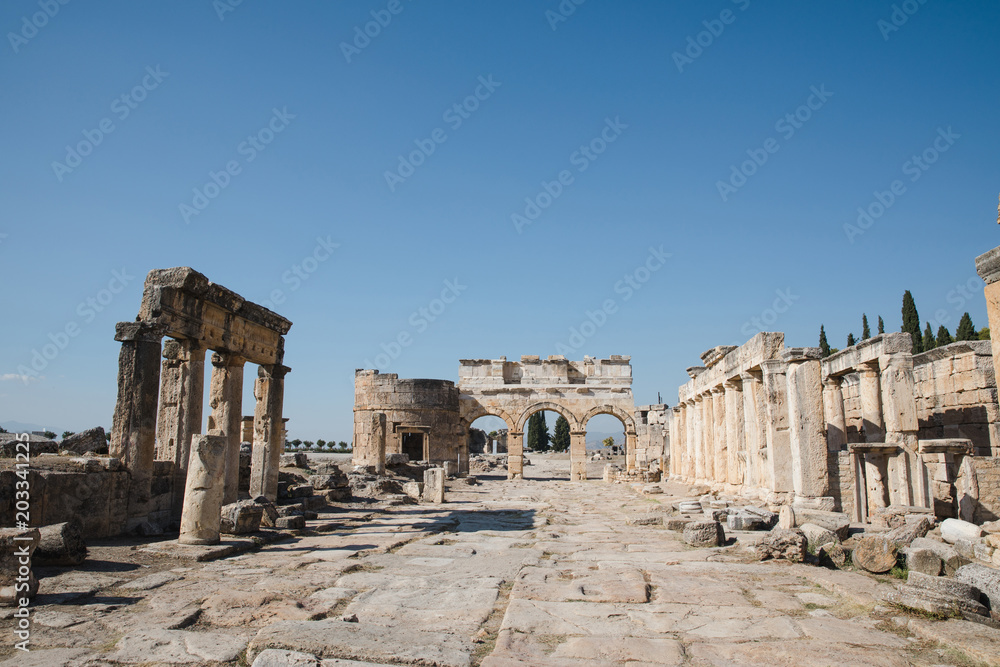 beautiful ancient architecture with columns and ruins in hierapolis, turkey