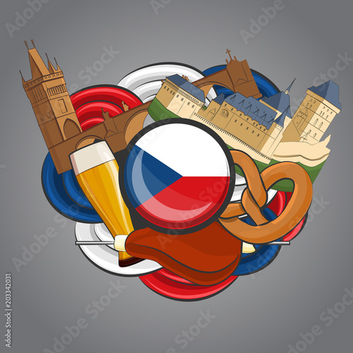 symbols and sights of the czech republic on an abstract background, vector illustration