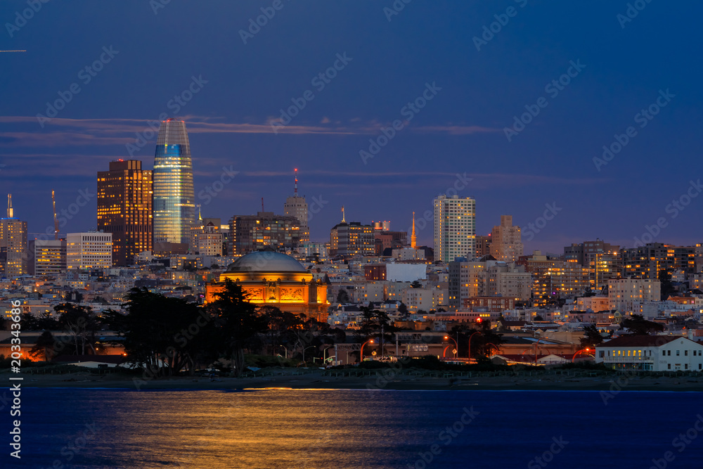 Panorama of San Francisco Downtown at twilight viewed from Marina District