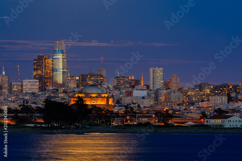 Panorama of San Francisco Downtown at twilight viewed from Marina District