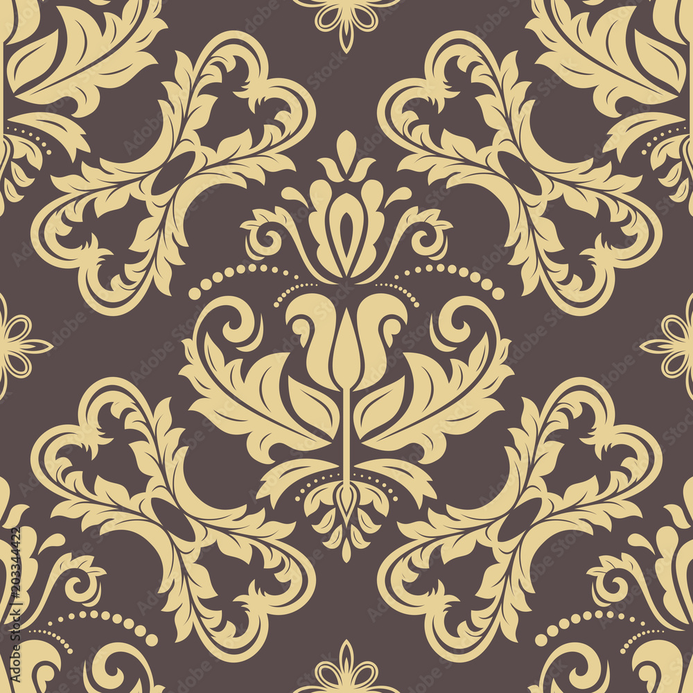 Classic seamless vector pattern. Damask orient brown and golden ornament. Classic vintage background. Orient ornament for fabric, wallpaper and packaging Classic seamless vector pattern. Damask orient brown and golden ornament. Classic vintage background. Orient ornament for fabric, wallpaper and packaging