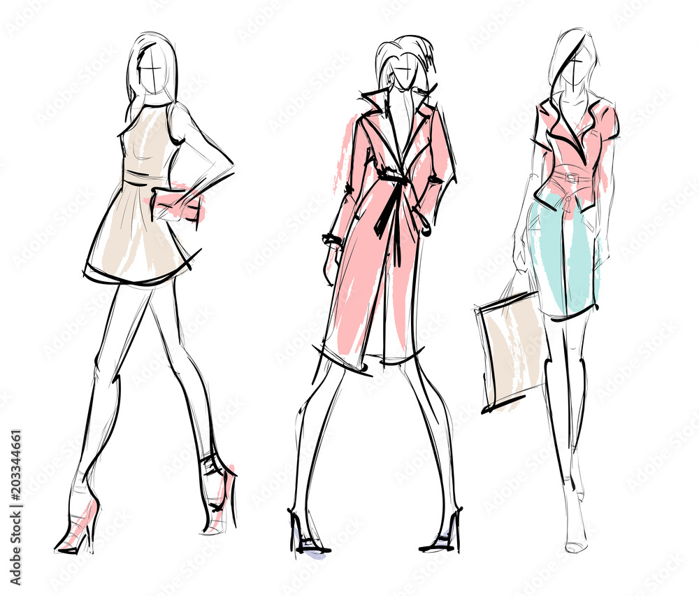 Fashion illustration. Stylish fashion models. Fashion girls set. Sketch. Girls in a dress and coat. Fashion illustration. Stylish fashion models. Fashion girls set. Sketch. Girls in a dress and coat.