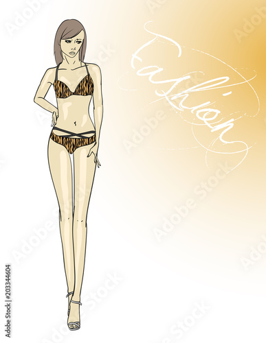Beautiful fashion girl in swimsuit swimsuit and shoes. Sexy young woman in swimsuit.