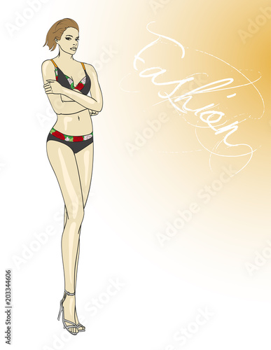 Beautiful fashion girl in swimsuit swimsuit and shoes. Sexy young woman in swimsuit.