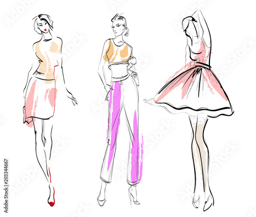 Fashion illustration. Stylish fashion models. Fashion girls set. Sketch. Girls in a dress and suit.