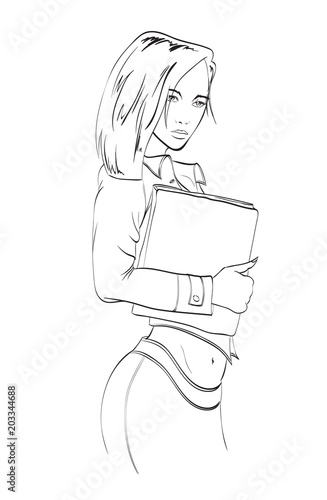 Female Secretary. Business woman. Beautiful student girl. Fashionable girl with a folder of documents in hands.
