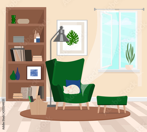 A cozy room with a large green armchair in which the cat sleeps. Open window. The atmosphere of the huggie. Vector flat illustration.