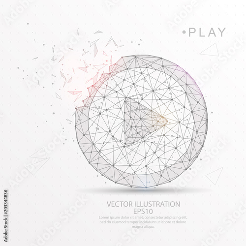 Play icon shape digitally drawn low poly wire frame.