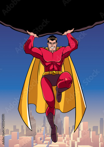 Front view full length illustration of powerful and brave superhero holding huge boulder above his head while flying over the city.