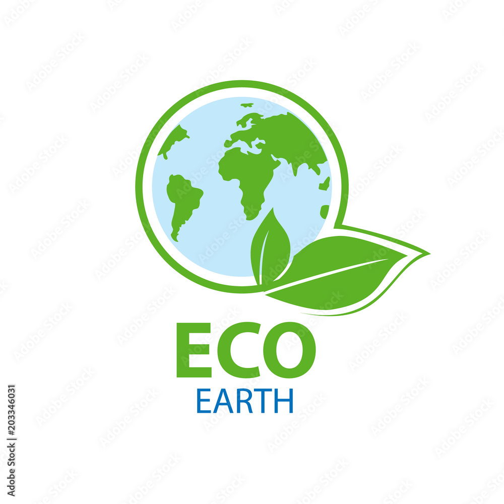 Blue planet in circle a green leaf. Symbol of ecology with the text eco earth. Natural, organic logotype design template. Vector illustration of symbol of ecology. Blue planet in circle a green leaf. Symbol of ecology with the text eco earth. Natural, organic logotype design template. Vector illustration of symbol of ecology.
