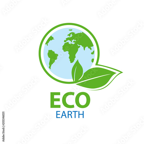 Blue planet in circle a green leaf. Symbol of ecology with the text eco earth. Natural, organic logotype design template. Vector illustration of symbol of ecology.