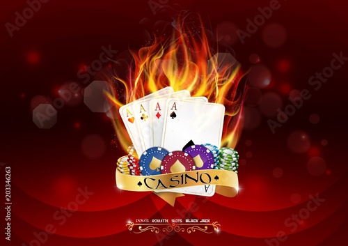 Casino poker banner with chips and poker cards burn in the fire on red background