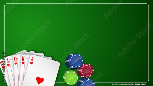 Poker cards and chips on green background