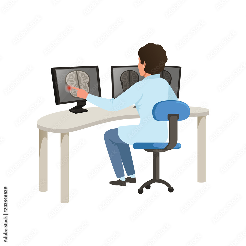 Male doctor checking MRI results of brain scan on a computer screens, healthcare and medicine concept vector Illustration on a white background