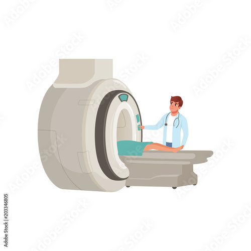 Doctor and patient on medical examination, healthcare and medicine concept, MRI diagnostic machine vector Illustration on a white background