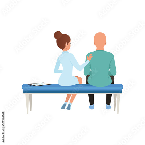 Doctor advising patient, bald man with cancer after chemotherapy, oncology therapy, treatment vector Illustration on a white background