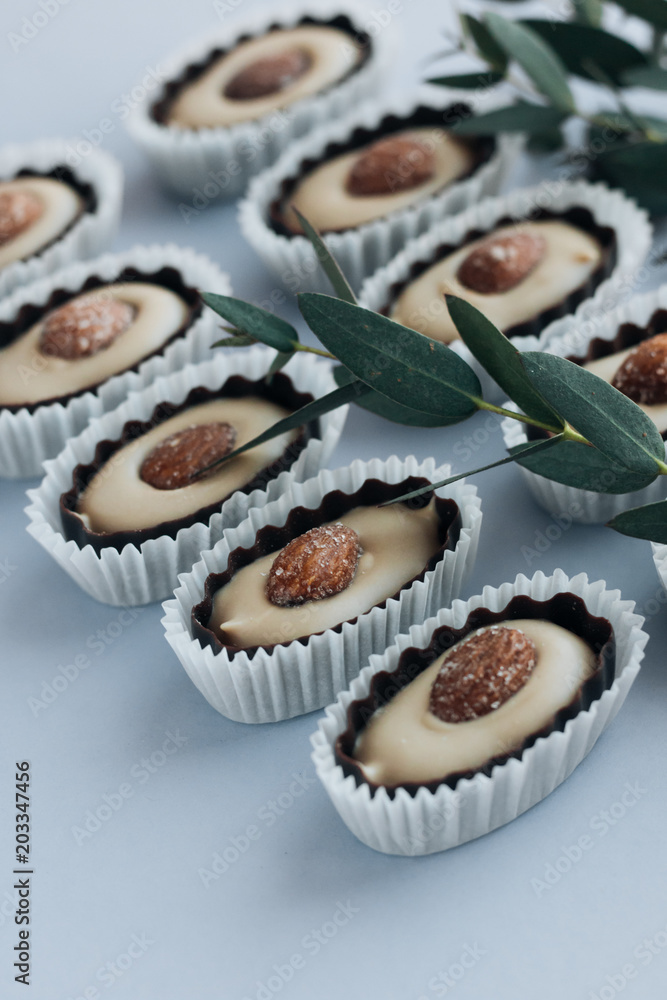 Composition of delicious praline sweets with almonds and green twigs on blue background Composition of delicious praline sweets with almonds and green twigs on blue background
