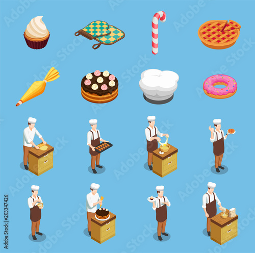 Confectionery Chef Isometric Icons Set