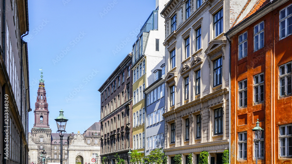 Line of apartment buildings in Copenhagen, Denmark