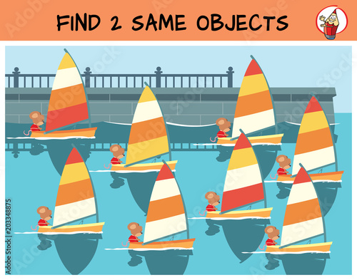 Find two same yachts in the picture. Educational game for children. Cartoon vector illustration