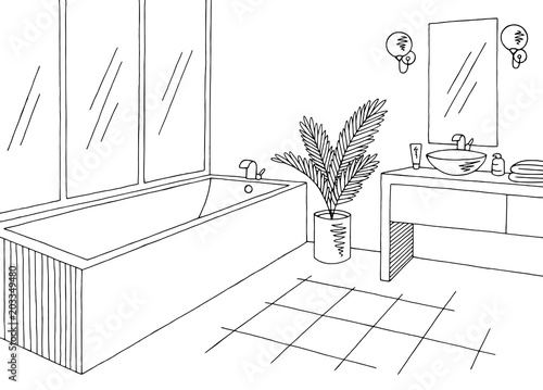 Bathroom graphic home interior black white sketch illustration vector