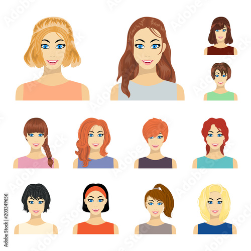 Types of female hairstyles cartoon icons in set collection for design. Appearance of a woman vector symbol stock web illustration.