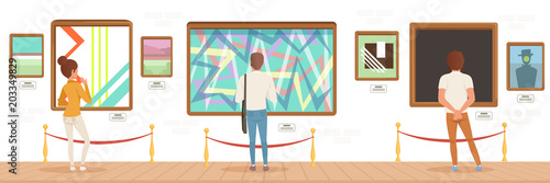 Museum visitors standing in modern art gallery in front of colorful paintings, people attending museum horizontal vector Illustration
